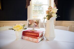 Books and Photos with Flowers in Milk Glass and Ceramic Vases