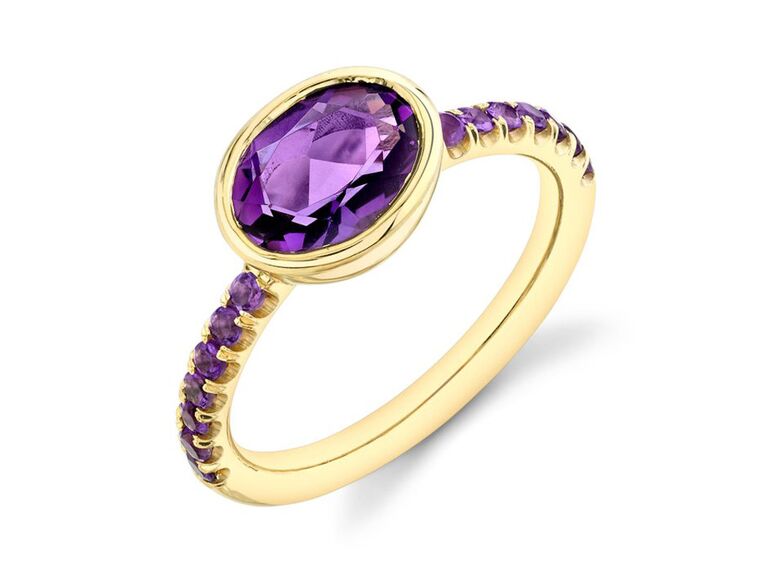 moda operandi amethyst engagement ring with round amethyst yellow gold metal halo and round amethyst and yellow gold band