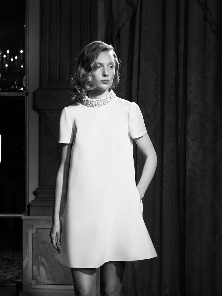 White embroidered mini shift dress for older brides