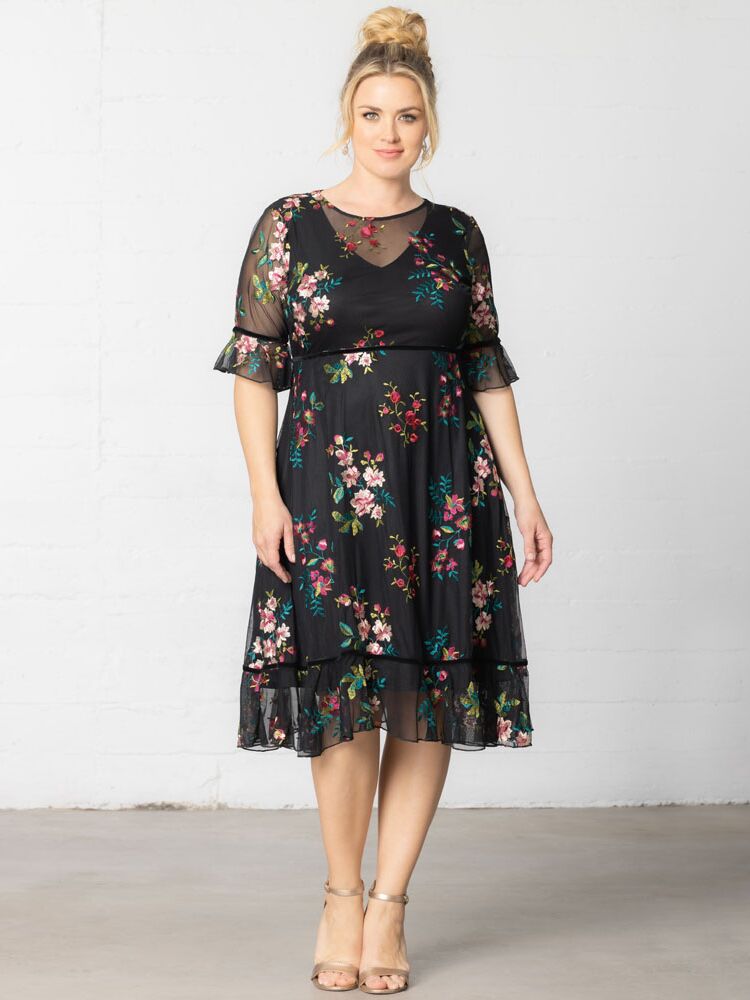 Plus-size floral mesh overlay mother-of-the-bride dress from Kiyonna