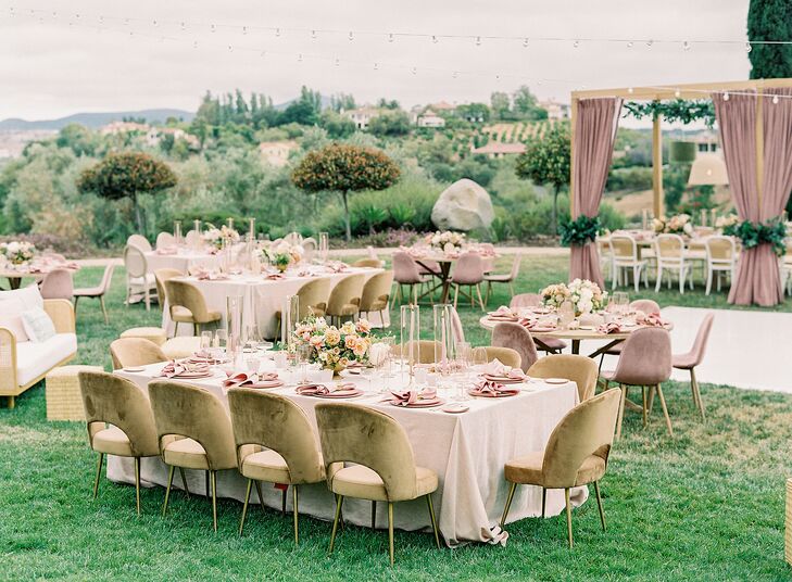 Long Reception Tables, Blush Linens, Gold Velvet Chairs and Low Centerpieces