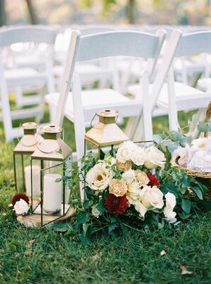 Aisle Decoration with Peonies, Roses and Gold Lanterns