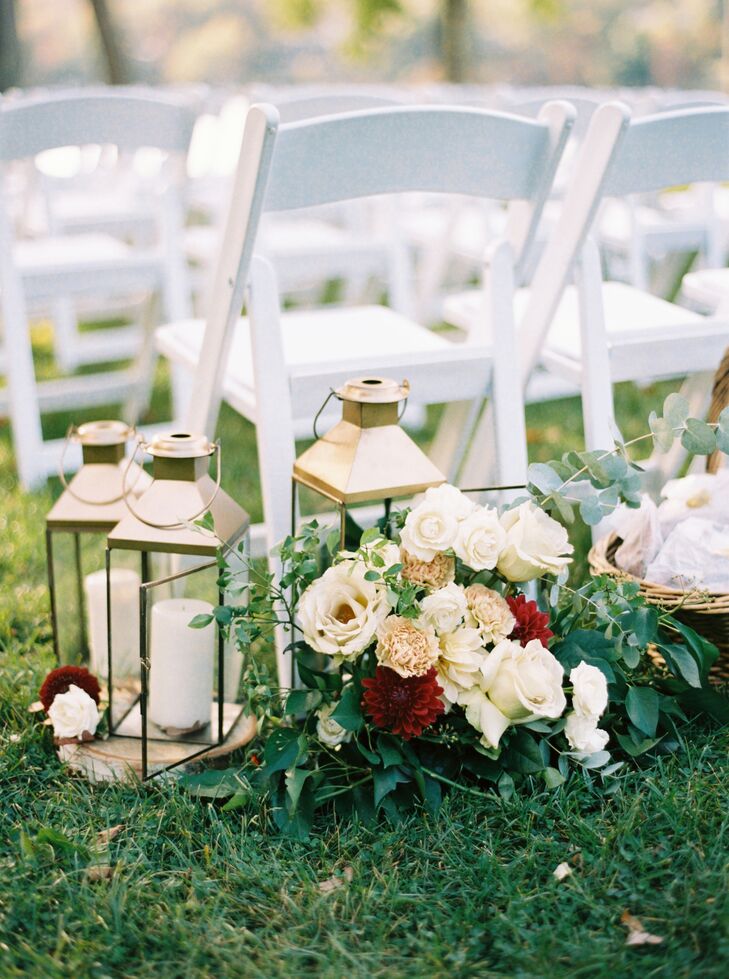 Aisle Decoration with Peonies, Roses and Gold Lanterns