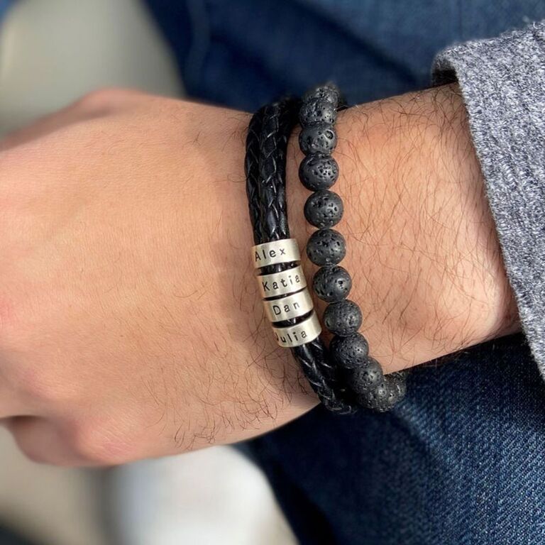 Leather bracelet with custom name beads, gift idea for Father's Day 2023. 
