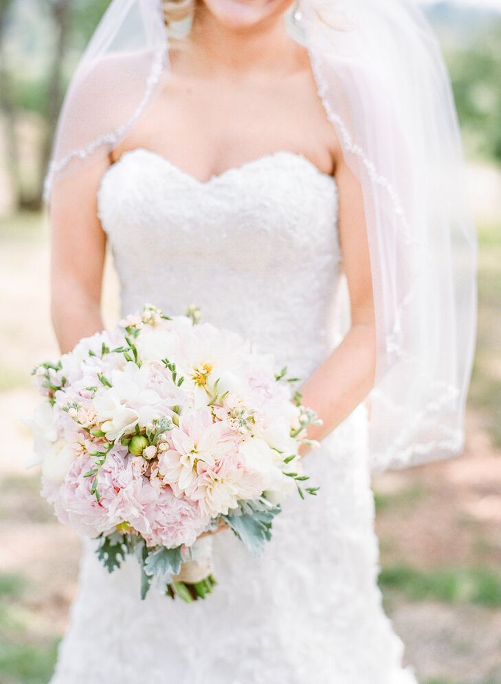 White tuberose made for a fragrant addition to Milly's pastel pink peony and dahlia bouquet.