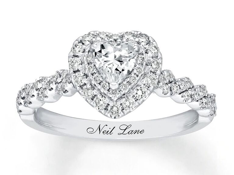 kay neil lane diamond heart shaped engagement ring with heart shaped round diamond double halo and round diamond twisted sides