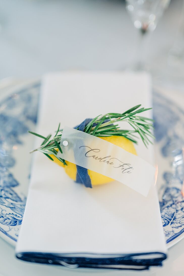 Transparent Place Card With Lemon and Rosemary at Italian-Inspired Reception