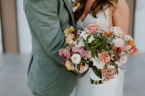 Romantic Bouquet of Pink and Peach Flowers and Leaves