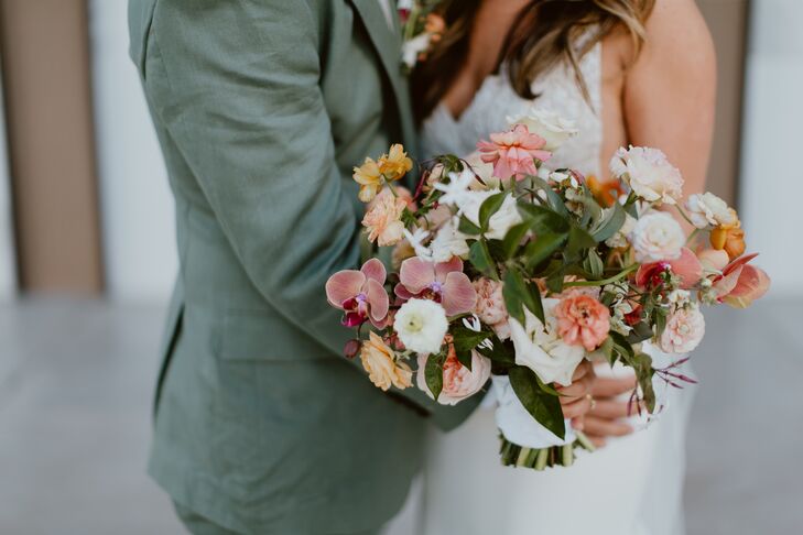 Romantic Bouquet of Pink and Peach Flowers and Leaves