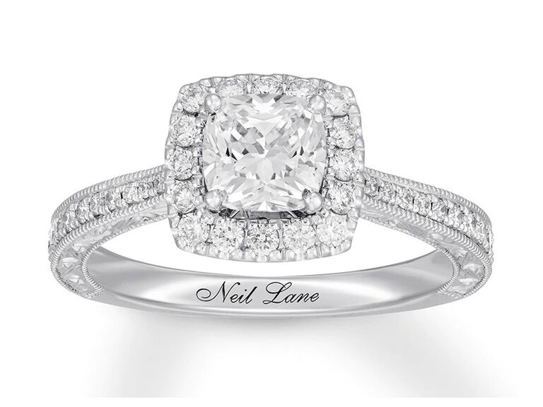 kay neil lane diamond cushion cut engagement ring with round diamond halo and round diamond band