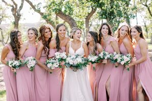 Bridesmaids in Long Pink Dresses at Canyonwood Ridge in Dripping Springs, Texas