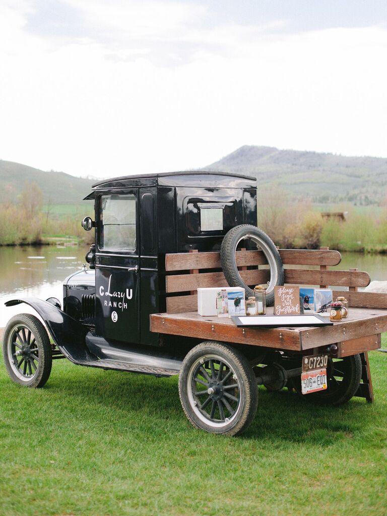 Vintage pickup truck used as guest book table