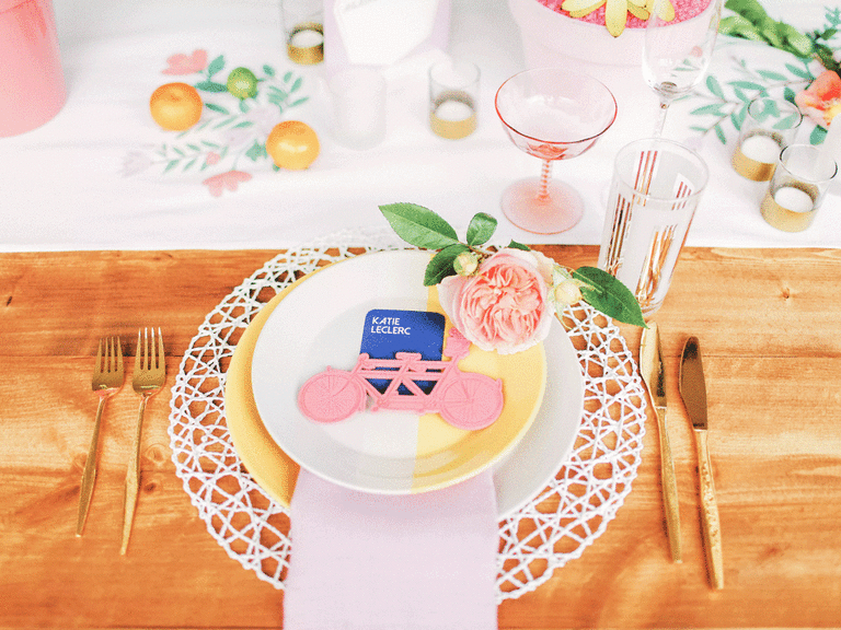 Bright pink place settings for bridal luncheon.