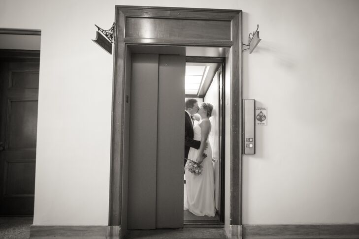 Bride and Groom First Look in Elevator