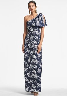 Sachin & Babi Chelsea Gown - Navy & Ivory Peony One Shoulder Bridesmaid Dress