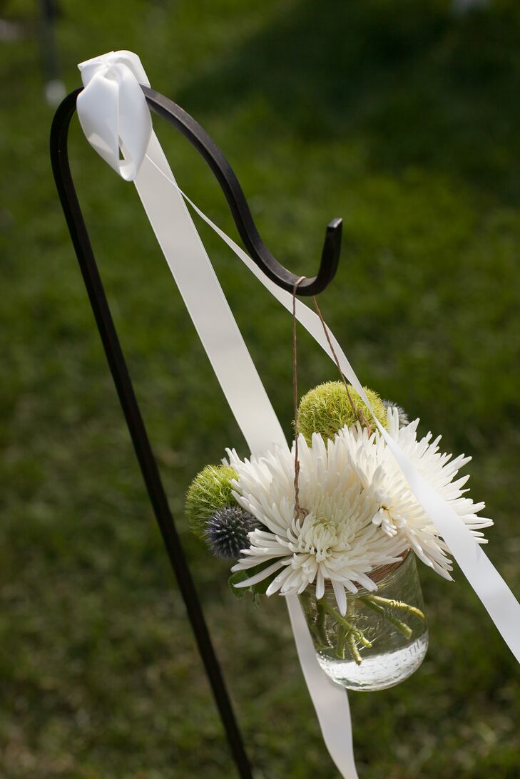 White Chrysanthemum Mason Jar Aisle Decor