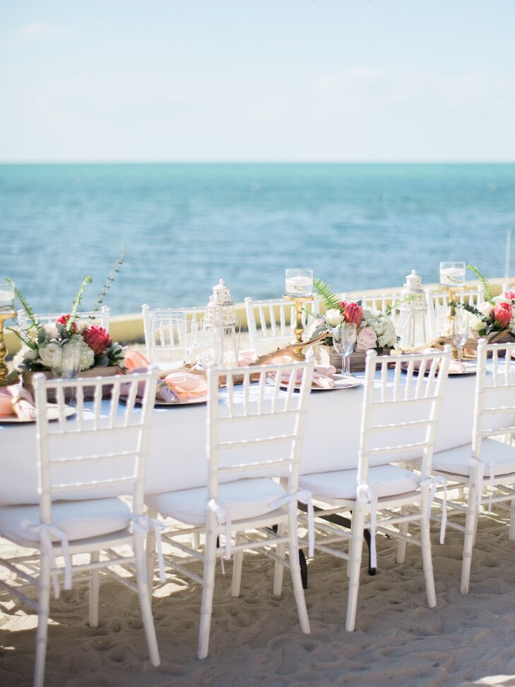 White chiavari chairs, blush linens and flowers from Nicole's bouquet gave the outdoor reception a soft and comfortable yet elegant feel.