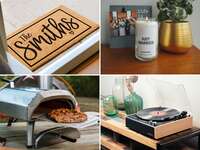 Four wedding gifts for second marriages: personalized art, candle, Dutch oven, Bluetooth record player