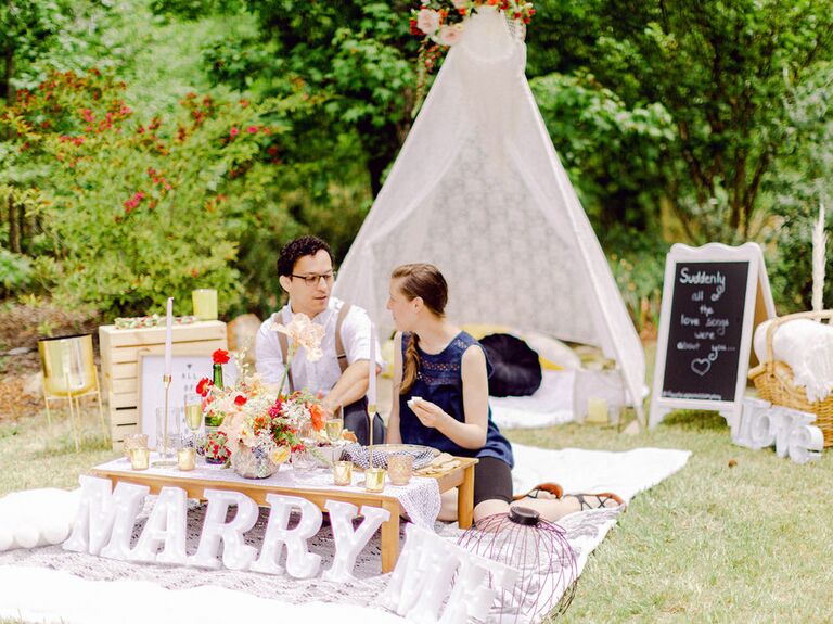Couple having engagement picnic at Pleasant Union Farms in Atlanta