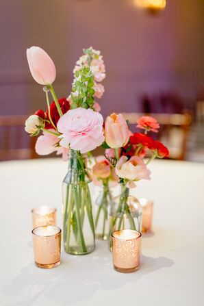 Vases of Spring Blooms and Mercury Glass Votives