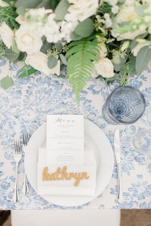 Elegant Place Setting with Patterned Tablecloth, Menu and Laser-Cut Place Card