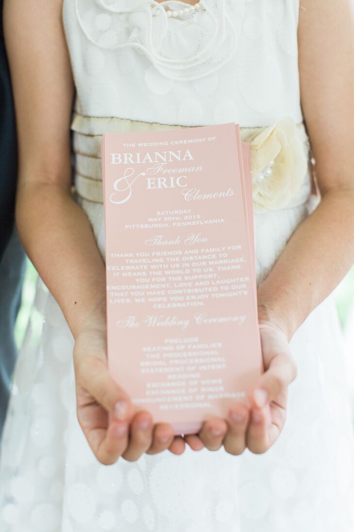 Brianna and Eric's ceremony program brought out their romantic style. Each blush card had their names in mixed, chic white font and a sweet thank-you note to all their guests.