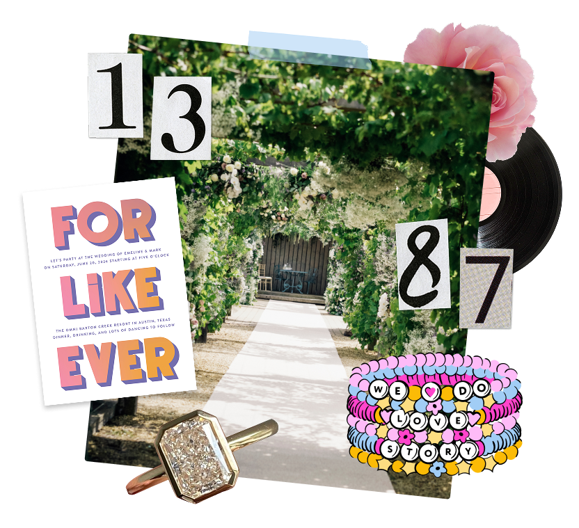 Collage featuring a trellised walkway covered in white flowers and greenery, a ring with a narrow band and large cushion-cut stone, a friendship bracelet that says "We Do" and "Love Story", a soft pink rose, a record, a wedding invite with modern graphic letters that say "For Like Ever", and the numbers 13 and 87.