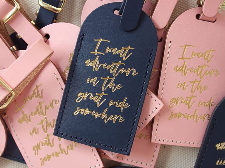 etsy disney wedding favors beauty and the beast pink and navy leather luggage tags