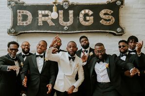 Groom in White Tux Jacket and Groomsmen in Black Tux Jackets With Bright Boutonnieres, Vintage Pharmacy Drugs Sign
