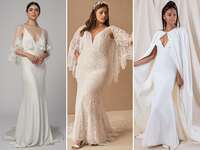 three wedding dresses with capes