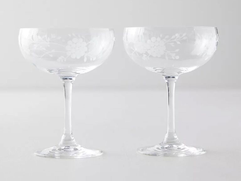 Etched floral champagne coupes for wedding