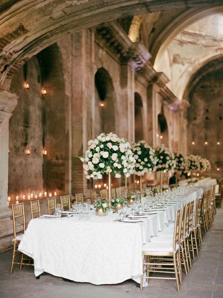 Long, Romantic Tables with Tall Rose Centerpieces