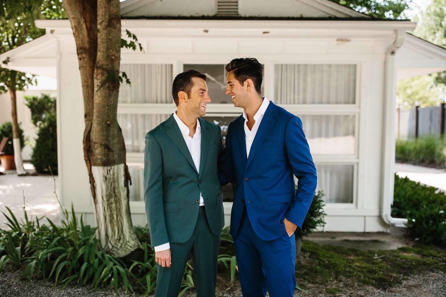 Modern, Casual Grooms Wearing a Green Suit and Blue Suit