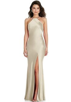 Dessy Group Halter Convertible Strap Bias Slip Dress With Front Slit - 6853 Halter Bridesmaid Dress