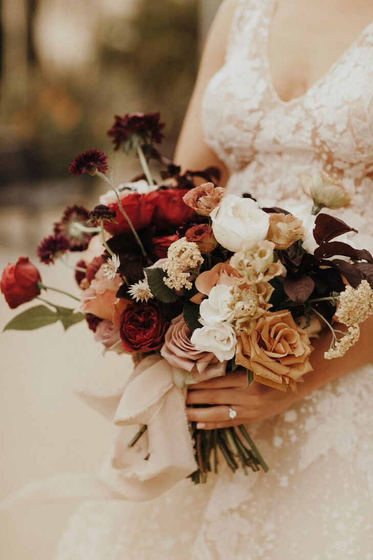 Moody Burgundy Wedding Bouquet With Roses and Scabiosa