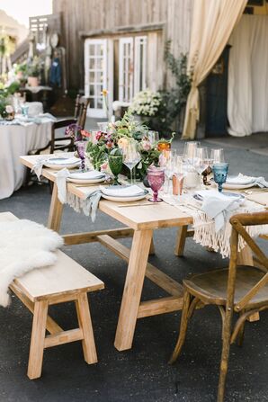 Small Wood Dining Table with Cross-Back Chairs, Benches and Colorful Vintage Glassware