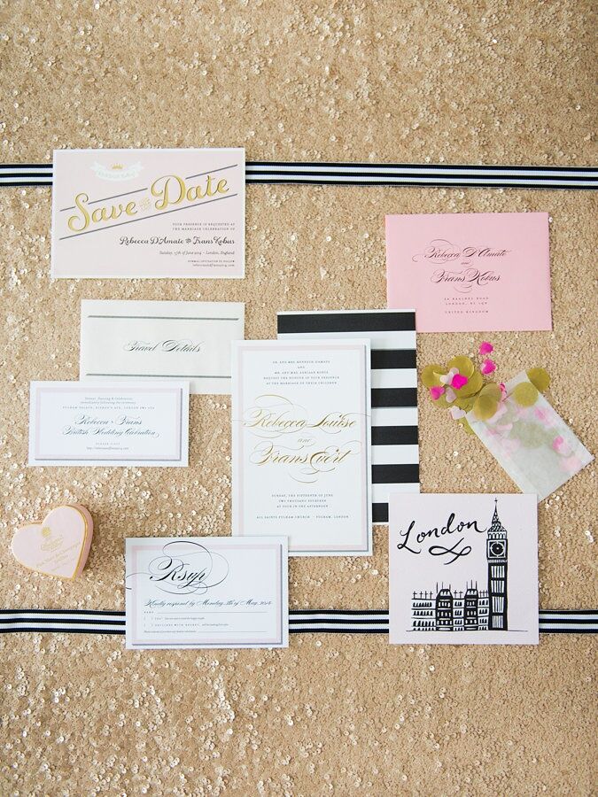 Gold foil accents added a touch of glam to the bold black and white invitation suite.