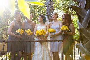 Mismatched Gray Bridesmaids Dresses with Yellow Bouquets