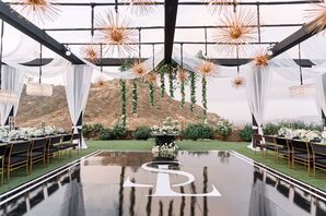 Monogrammed Black-and-White Dance Floor and Glam Starburst Chandeliers