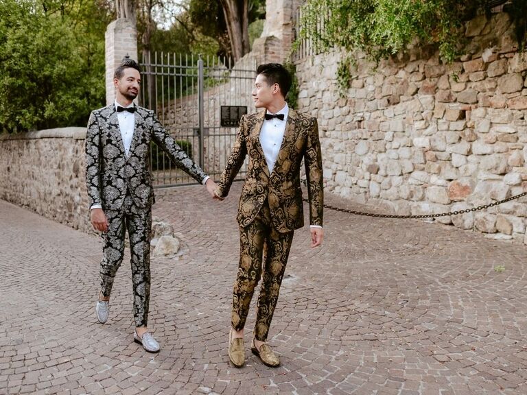grooms walking down street in jacquard tuxedos