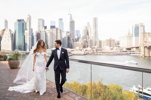 Elegant, Glamorous Couple with Navy Tuxedo and Embroidered Appliqué Wedding Gown
