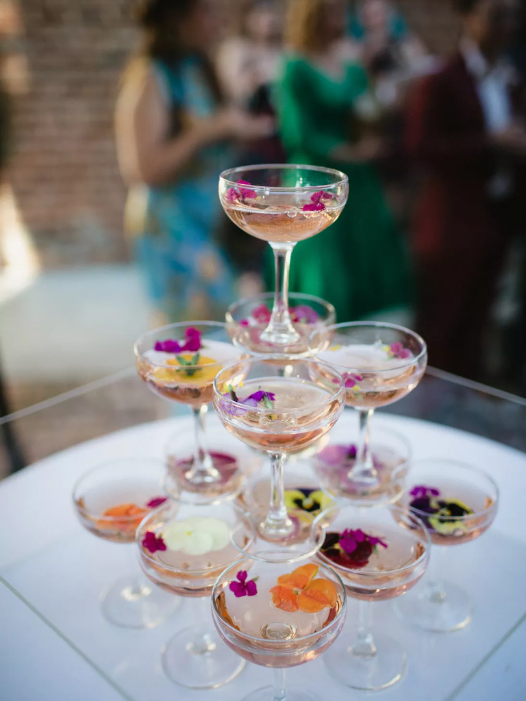 Fresh flower drink garnish, champagne tower