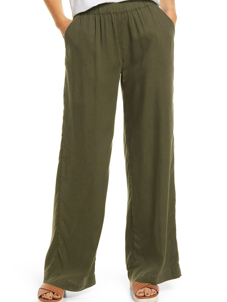 Army green wide leg pants with elastic waistband