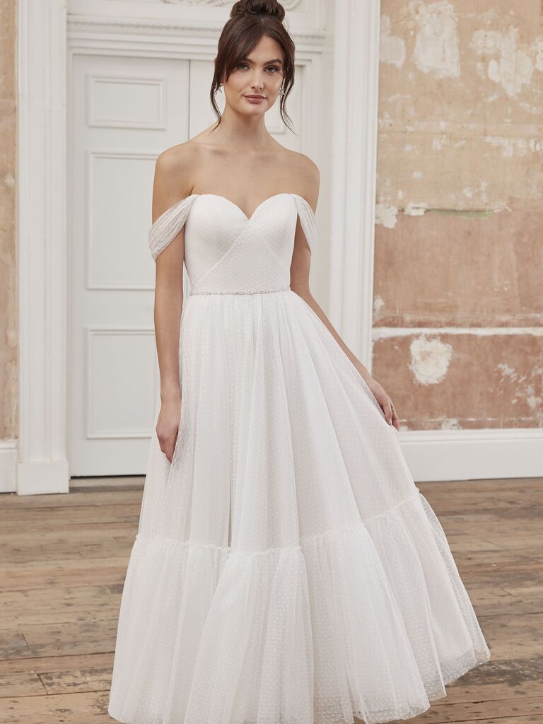 Tea Length lace Gown with Off-the-shoulder Straps for older brides