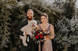 Bride, Groom and Pet Dog on Wedding Day