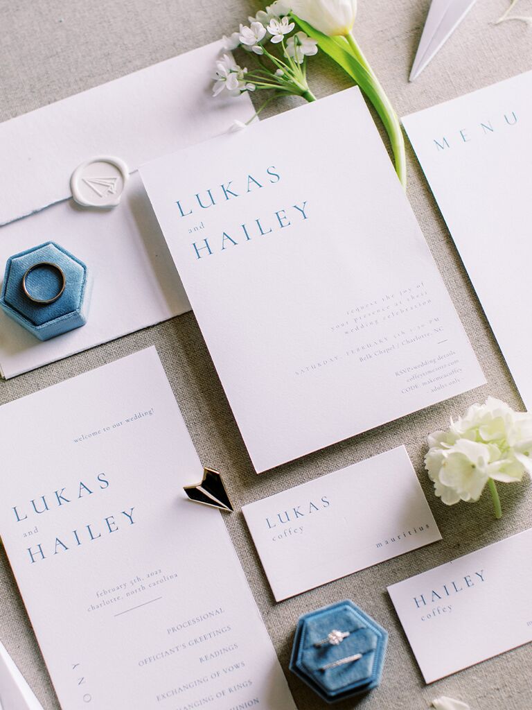 Blue and white wedding stationery suite 
