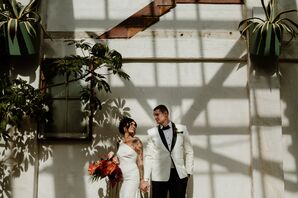 Bride With One-Shoulder Dress, Bright Bouquet, Groom in White-and-Black Tux, Shadows