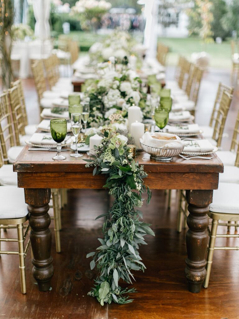 eucalyptus table runner on bare wooden table