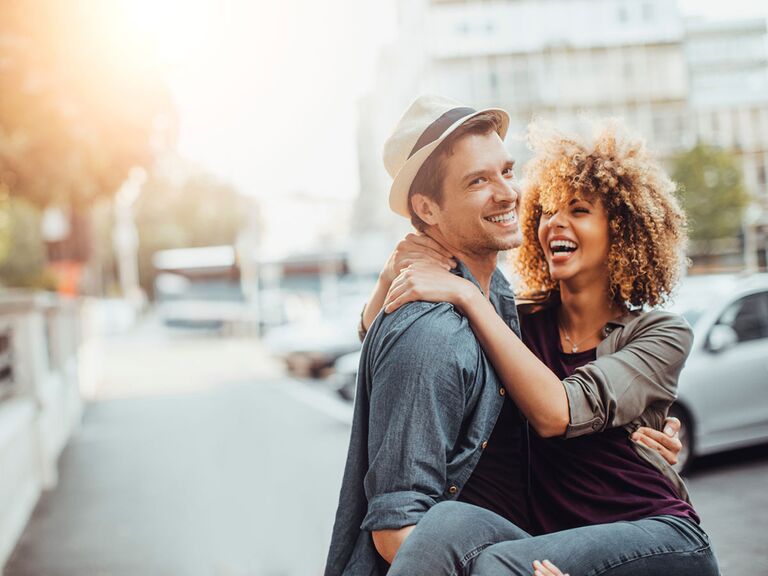 Couple hugging on the street