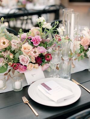 Place Setting With Gold Flatware and Pink Rose Centerpiece